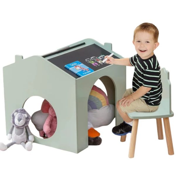 KINDER HOME Dečiji sto sa 2 stolice - Kuća za više aktivnosti sa crnom tablom, stolom za crtanje i čitanje