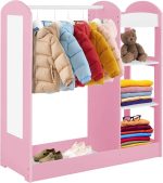 Dečiji stalak za odeću sa ogledalom KINDER HOME - Dečiji otvoreni orman sa policama i vešalicama, roze