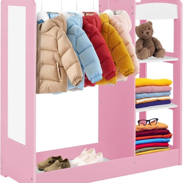Dečiji stalak za odeću sa ogledalom KINDER HOME - Dečiji otvoreni orman sa policama i vešalicama, roze