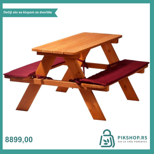 Garnitura za baštu KINDER HOME, Dečiji sto za piknik sa klupama i mekim jastucima