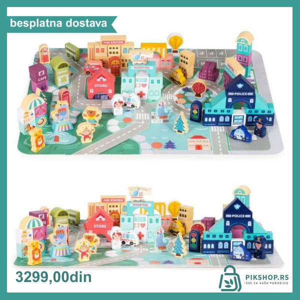 Edukativne drvene kocke city set sa podlogom 121kom