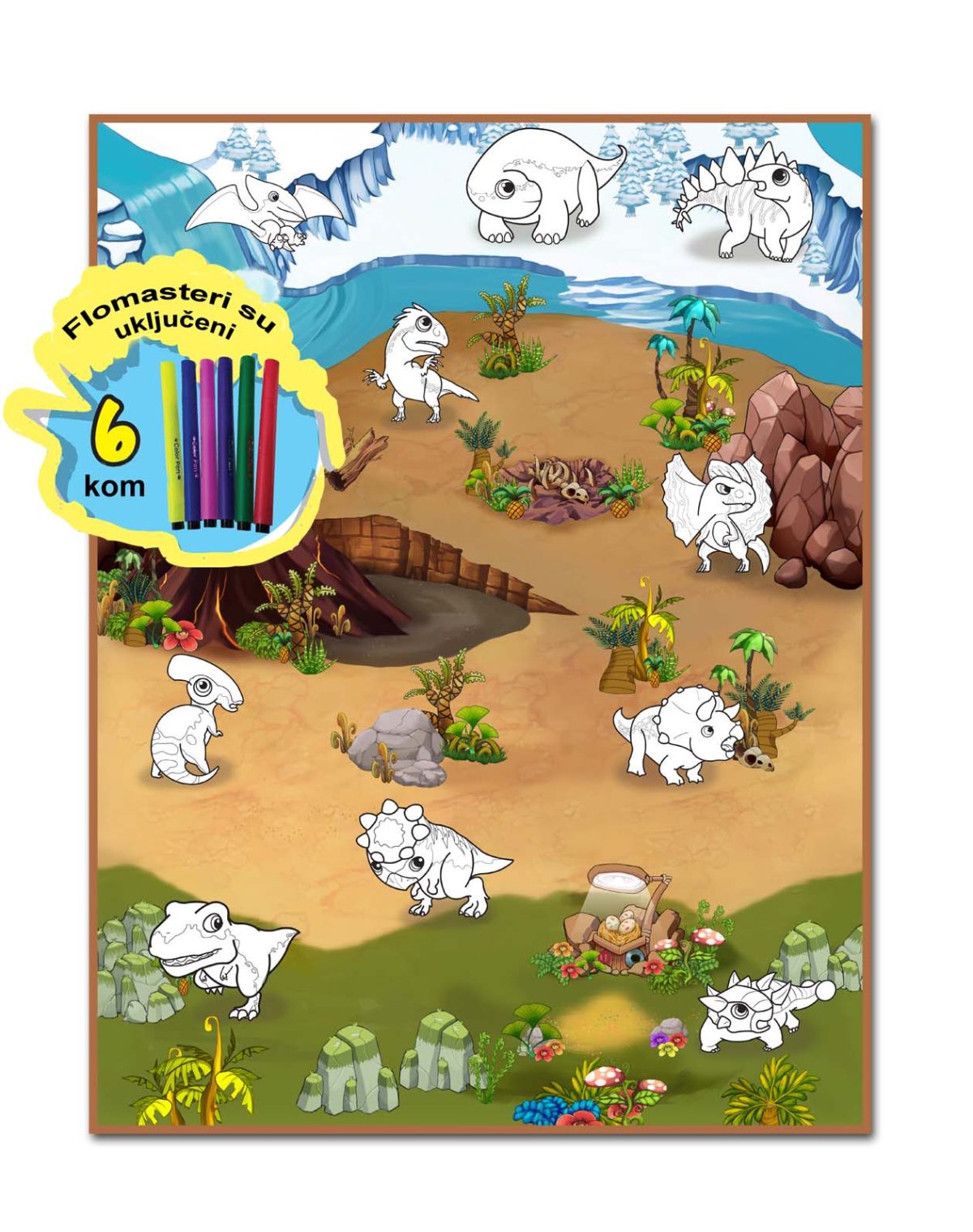 Dino-Colouring-120x90-CM_657027-flomaster-1 Podloga za igru Dinosaurus + 6 flomastera 90 x 120cm Rollmatz - Слика 1
