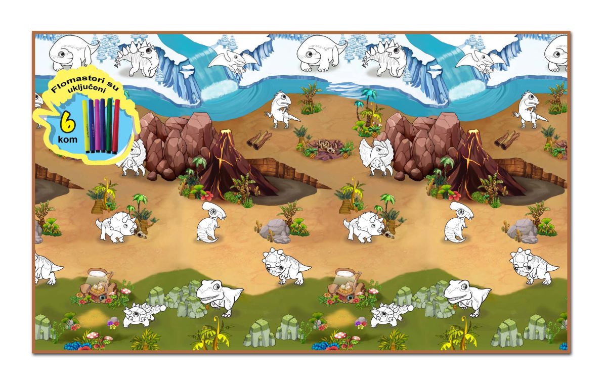 Dino-Colouring-200x120-CM_656461-flomaster-ispravka Podloga za igru Dinosaurus + 6 flomastera 200 x 120cm Rollmatz - Слика 1