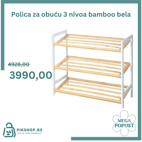 Polica za obucu 3 nivoa bamboo bela