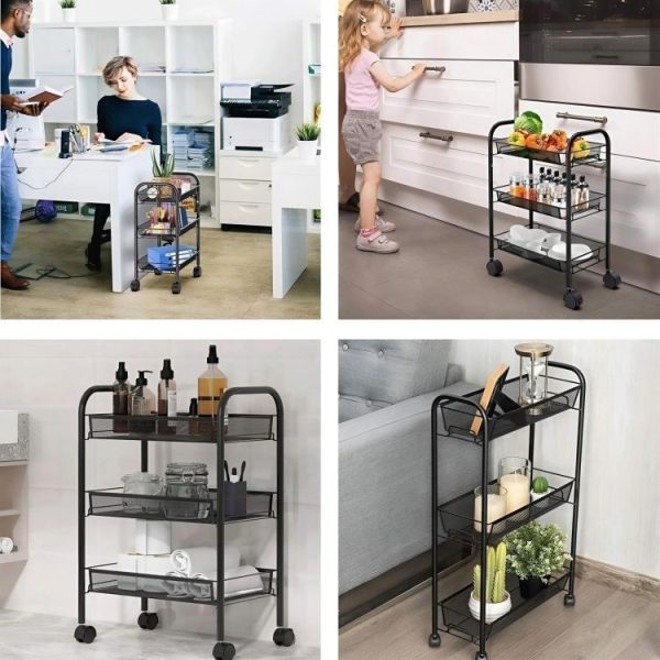 Metalna mobilna polica za kupatilo sa 3 nivoa i točkićima black