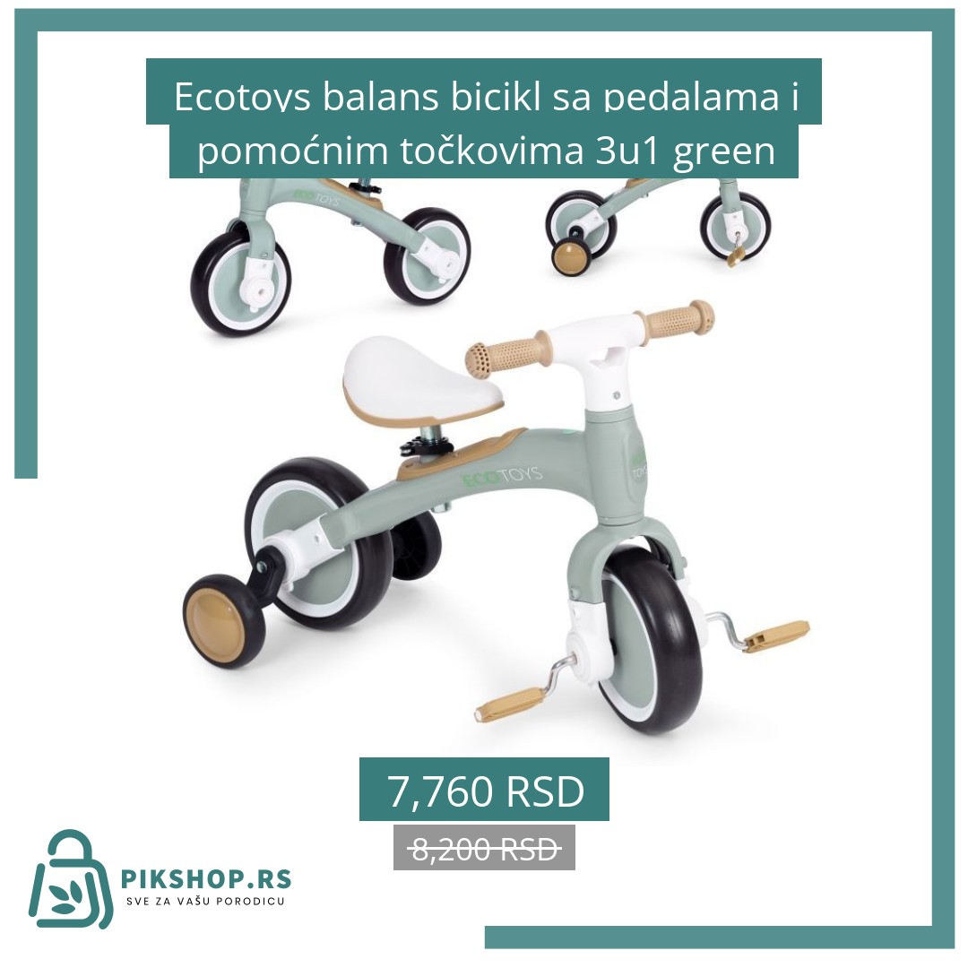 Social Image - Product #13193 Ecotoys balans bicikl sa pedalama i pomoćnim točkovima 3u1 green - Слика 1
