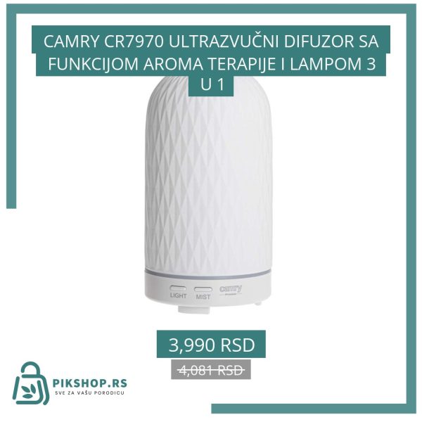 CAMRY CR7970 ULTRAZVUČNI DIFUZOR SA FUNKCIJOM AROMA TERAPIJE I LAMPOM 3 U 1