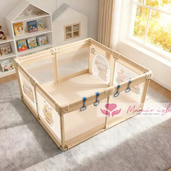 Bež+print ogradica za bebe JOY 127*127 cm