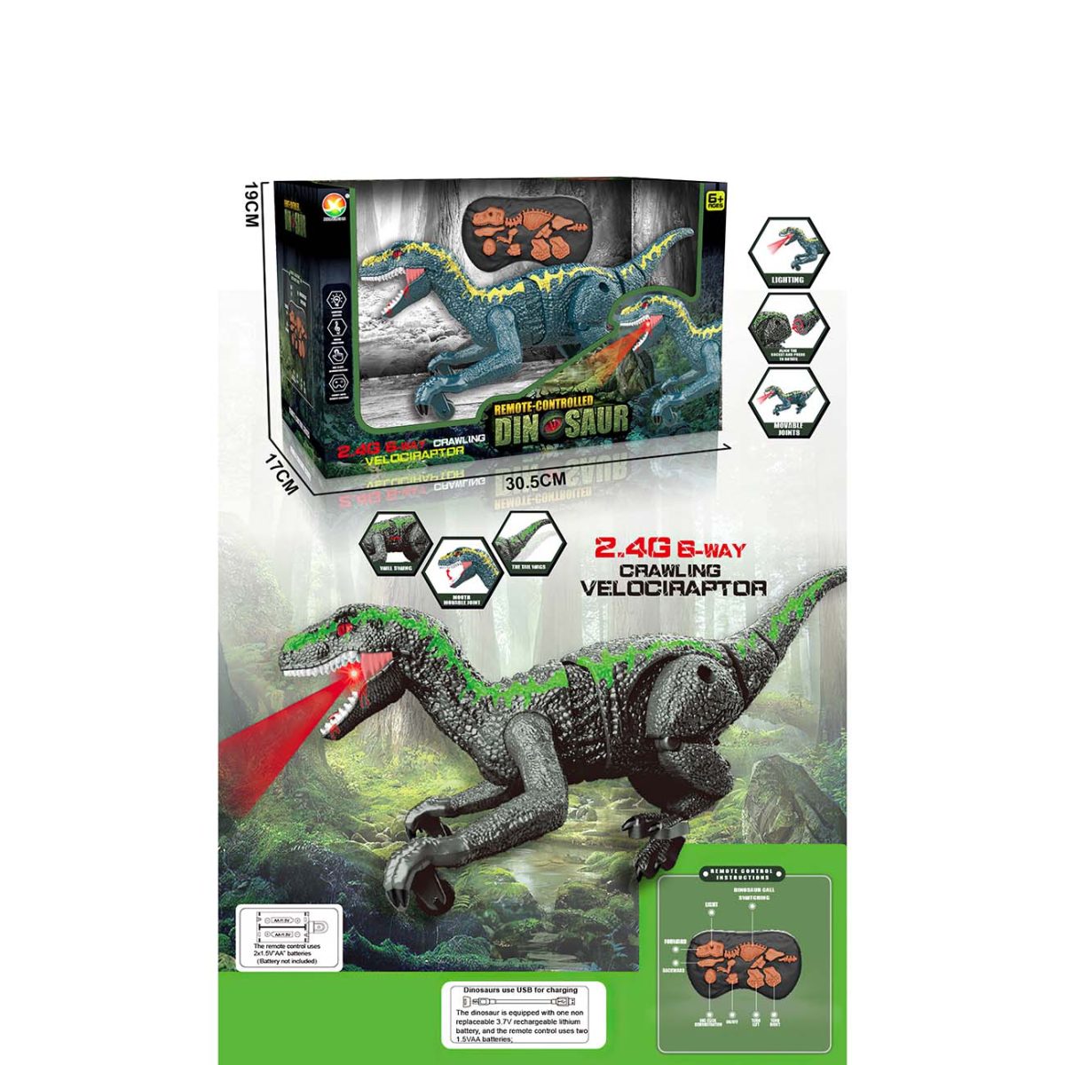 49-004000-1 RC Velociraptor na baterije, svetlo, zvuk, hod - Слика 1