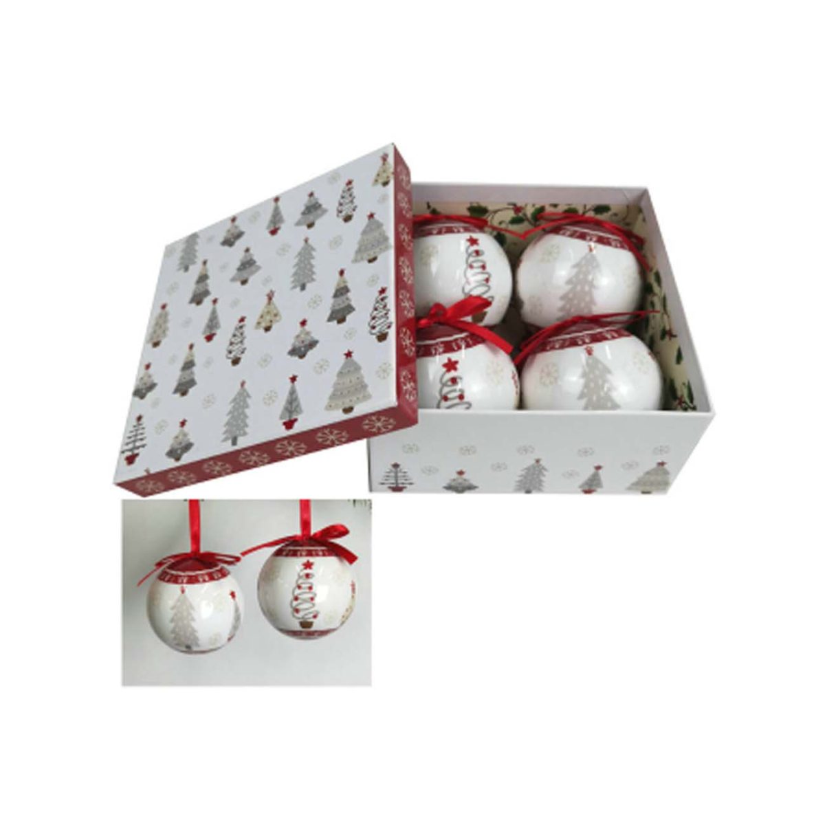 51-042000-1 Božićne kuglice 7.5 cm, 4 kom/pak, snežno bele sa crvenom - Слика 1