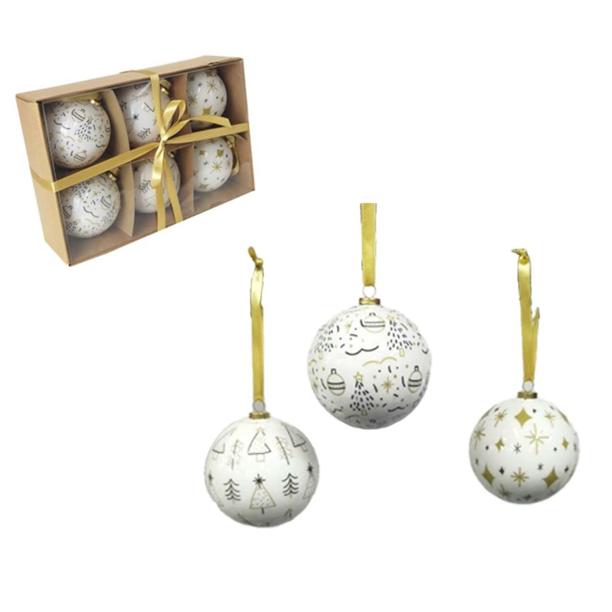 51-045000-1 Božićne kuglice 7,5 cm, 6 kom/pak, bele sa zlatnom - Слика 1