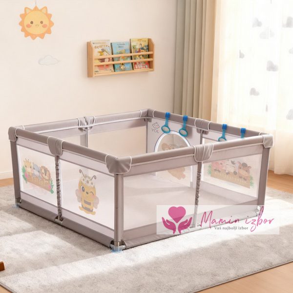 Siva+print ogradica za bebe JOY 150*200 cm