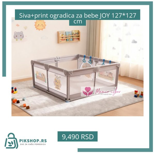 Siva+print ogradica za bebe JOY 127*127 cm