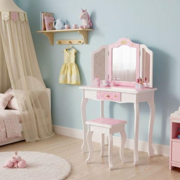 Veliki dečiji toaletni sto za devojčice sa trostrukim ogledalom, stolicom i fiokom, ECOTOYS