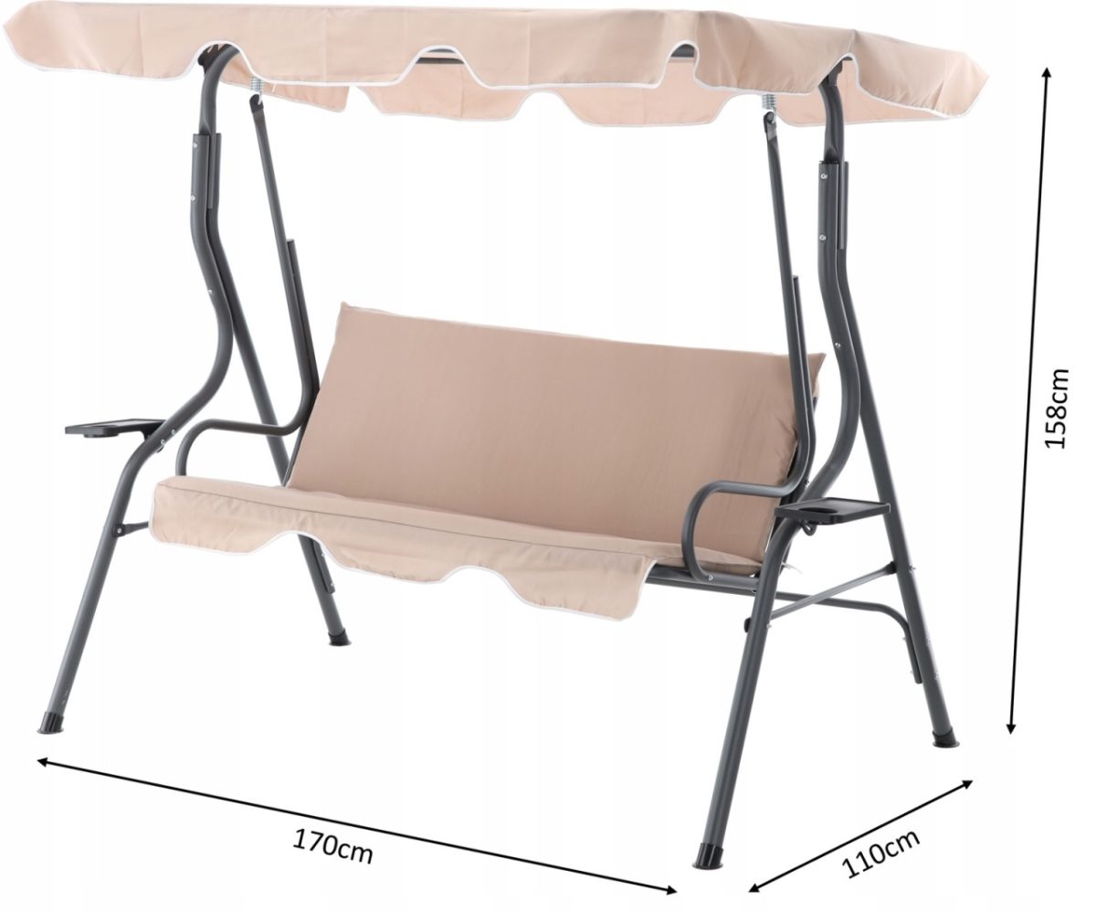 Baštenska ljuljaška 170×110×153 cm, tamno bež, bez jastuka, sa držačima za čaše - Слика 5