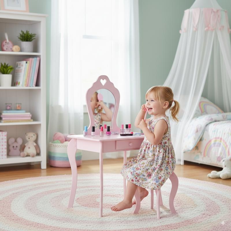roze-sto-za-sminkanje-sa-ogledalom-stolica5160162 Roze sto za šminkanje sa ogledalom + stolica - Слика 1