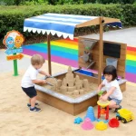 Dečiji drveni peskarnik za igru KINDER HOME sa podesivim krovom i dodacima – Playpen Mill, staza za autiće - Слика 6