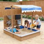 Dečiji drveni peskarnik za igru KINDER HOME sa podesivim krovom i dodacima – Playpen Mill, staza za autiće - Слика 3