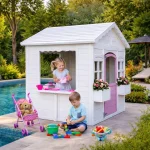 Dečija drvena kućica za igru KINDER HOME – Baštenska kućica sa prozorima i saksijama, bela - Слика 2