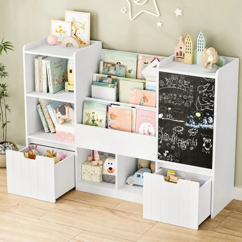 AT-BTS-2528_1 KINDER HOME organizator za dečije igračke sa tablom, policom, 2 fioke i 6 pregrada, puno drvo i MDF - Слика 1