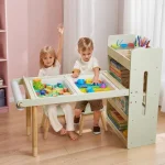 KINDER HOME Dečiji aktivni sto 3 u 1 sa 2 stolice, senzornim stolom za pesak i vodu, belom i crnom tablom, policom i organizatorom - Слика 6