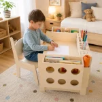 KINDER HOME Dečiji drveni sto sa podesivom visinom, stolicom i organizatorom - Слика 2