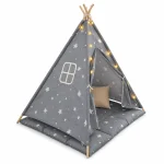 Dečiji pamučni šator KINDER HOME Little Stars, sivi sa zvezdama, 100% pamuk, sa mekom podlogom za punjenjem, jastukom i LED svetlima - Слика 8