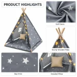 Dečiji pamučni šator KINDER HOME Little Stars, sivi sa zvezdama, 100% pamuk, sa mekom podlogom za punjenjem, jastukom i LED svetlima - Слика 6