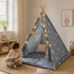 Dečiji pamučni šator KINDER HOME Little Stars, sivi sa zvezdama, 100% pamuk, sa mekom podlogom za punjenjem, jastukom i LED svetlima - Слика 5
