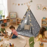 Dečiji pamučni šator KINDER HOME Little Stars, sivi sa zvezdama, 100% pamuk, sa mekom podlogom za punjenjem, jastukom i LED svetlima - Слика 4