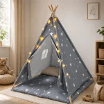 Dečiji pamučni šator KINDER HOME Little Stars, sivi sa zvezdama, 100% pamuk, sa mekom podlogom za punjenjem, jastukom i LED svetlima - Слика 7