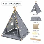 Dečiji pamučni šator KINDER HOME Little Stars, sivi sa zvezdama, 100% pamuk, sa mekom podlogom za punjenjem, jastukom i LED svetlima - Слика 3