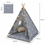 Dečiji pamučni šator KINDER HOME Little Stars, sivi sa zvezdama, 100% pamuk, sa mekom podlogom za punjenjem, jastukom i LED svetlima