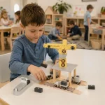 Dečiji drveni kran KINDER HOME, set sa vozom, kamionom i brodom - Слика 12