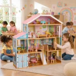 Velika drvena kućica za lutke za decu KINDER HOME Grand Villa, 4 sprata, 28 komada nameštaja i dodatne opreme, više nameštanih soba, otvoreni dizajn - Слика 11