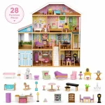 Velika drvena kućica za lutke za decu KINDER HOME Grand Villa, 4 sprata, 28 komada nameštaja i dodatne opreme, više nameštanih soba, otvoreni dizajn - Слика 3
