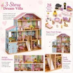 Velika drvena kućica za lutke za decu KINDER HOME Grand Villa, 4 sprata, 28 komada nameštaja i dodatne opreme, više nameštanih soba, otvoreni dizajn - Слика 4