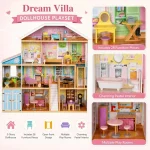 Velika drvena kućica za lutke za decu KINDER HOME Grand Villa, 4 sprata, 28 komada nameštaja i dodatne opreme, više nameštanih soba, otvoreni dizajn - Слика 5