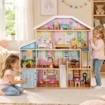 Velika drvena kućica za lutke za decu KINDER HOME Grand Villa, 4 sprata, 28 komada nameštaja i dodatne opreme, više nameštanih soba, otvoreni dizajn - Слика 7