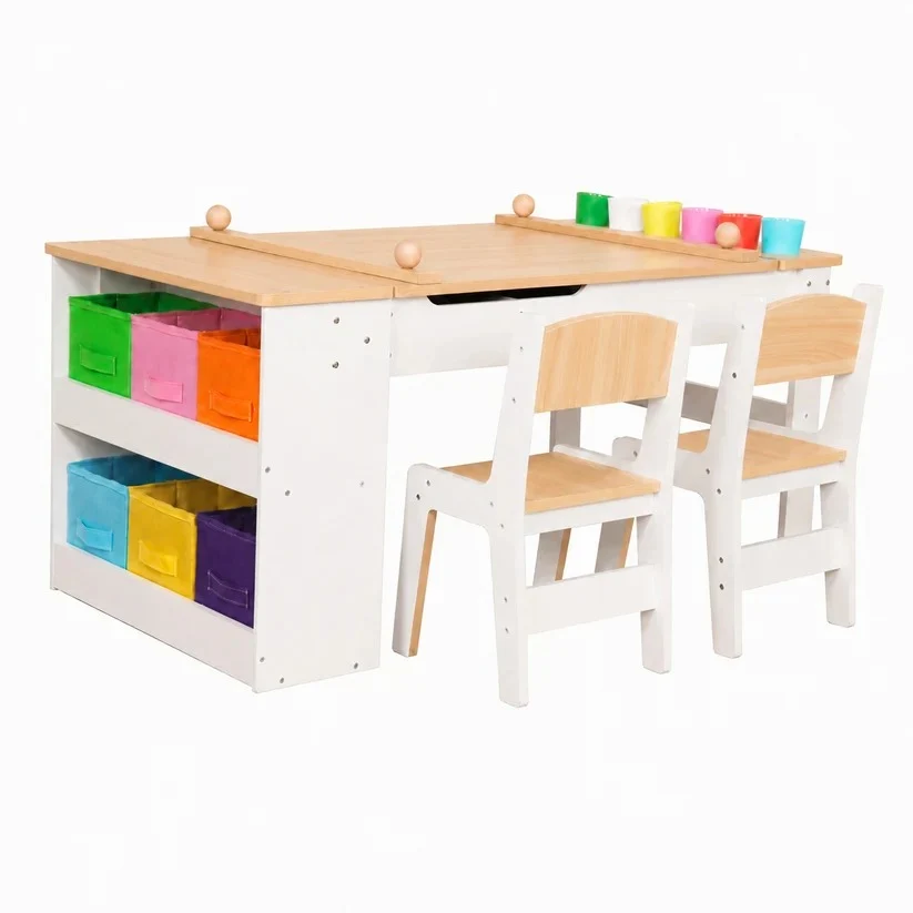 W08G516_11 KINDER HOME 3 u 1 dečiji drveni sto sa 2 stolice, tablom za crtanje, organizatorom i rolnom papira - Слика 1
