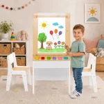 KINDER HOME 3 u 1 dečiji drveni sto sa 2 stolice, tablom za crtanje, organizatorom i rolnom papira - Слика 2