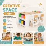 KINDER HOME 3 u 1 dečiji drveni sto sa 2 stolice, tablom za crtanje, organizatorom i rolnom papira - Слика 12