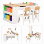 KINDER HOME 3 u 1 dečiji drveni sto sa 2 stolice, tablom za crtanje, organizatorom i rolnom papira - Слика 10