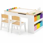 KINDER HOME 3 u 1 dečiji drveni sto sa 2 stolice, tablom za crtanje, organizatorom i rolnom papira - Слика 7
