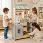 Dečija drvena prodavnica KINDER HOME 2 u 1, kuhinja, postolje, police, tabla i dodatna oprema - Слика 8