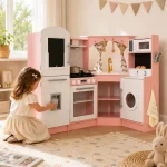 Velika dečija drvena kuhinja KINDER HOME, ugao sa sudoperom sa tekućom vodom, zvukom i svetlom, frižiderom, mikrotalasnom pećnicom, mašinom za veš, prozorom, zavesama i dodacima - Слика 2