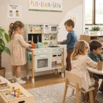 Dečija drvena kuhinja KINDER HOME sa elektronskom pločom za kuvanje, mikrotalasnom pećnicom, rernom, sudoperom i dodacima, od punog drveta i MDF-a - Слика 7