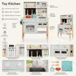 Dečija drvena kuhinja KINDER HOME sa elektronskom pločom za kuvanje, mikrotalasnom pećnicom, rernom, sudoperom i dodacima, od punog drveta i MDF-a - Слика 14