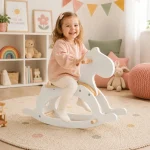 Dečiji drveni konj za ljuljanje KINDER HOME, beli, puno drvo, Montesori igračka - Слика 11