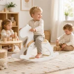 Dečiji drveni konj za ljuljanje KINDER HOME, beli, puno drvo, Montesori igračka - Слика 10